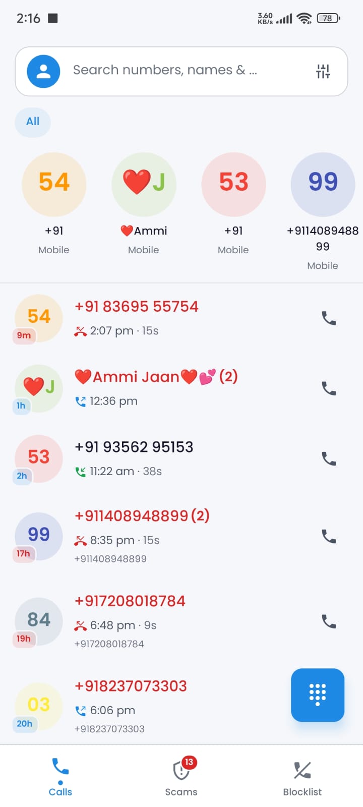 TraceCallerID call list with spam badges and time-ago avatars