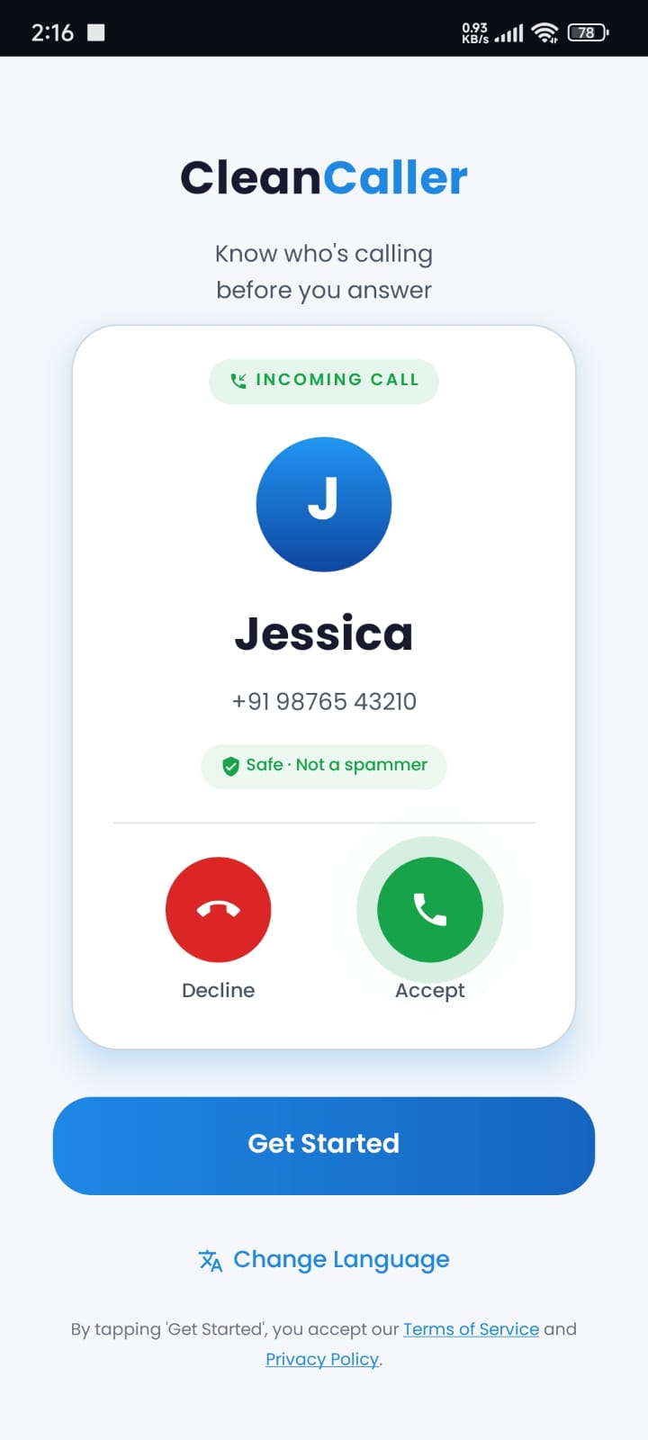 TraceCallerID incoming call screen showing live caller identification