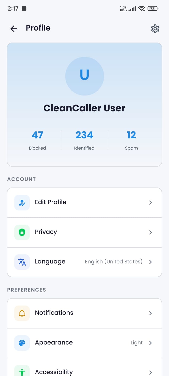 TraceCallerID profile screen with stats and settings